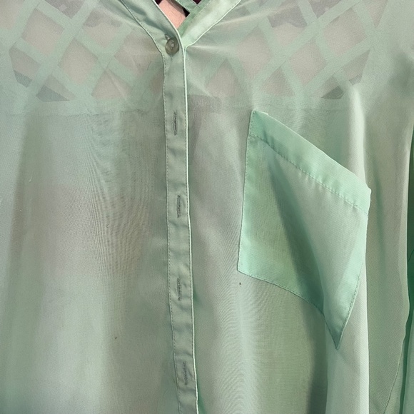 Sheer Sea Foam Green Button Up shirt with lattice cut weaving - Picture 3 of 11